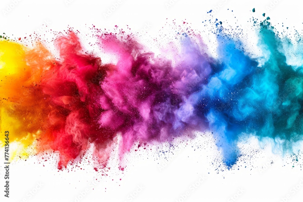 Holi festival, a festive banner. Colorful powder explosion in rainbow colors on white background.