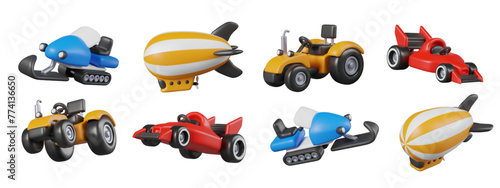 Set of modern and vintage vehicles for transportation and sports entertainment