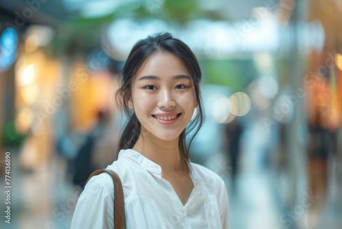 A beautiful young Asian business woman walking in the street