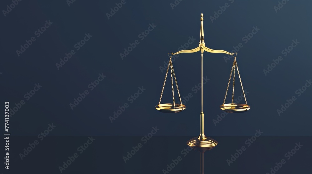 Law Day symbol: clean gold scale, representing justice, on a gradient background. Law Day celebrates with a gold scale, symbol of justice, on blue-gray. - obrazy, fototapety, plakaty 