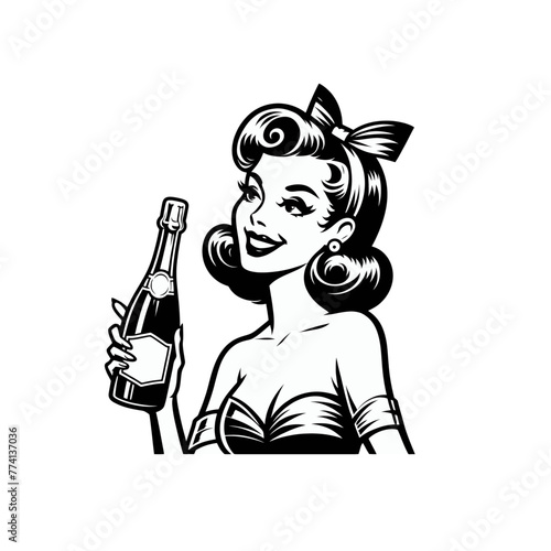 Monochrome isolated vector illustration. Beautiful lady holding champagne bottle and celebrating victory or achievement