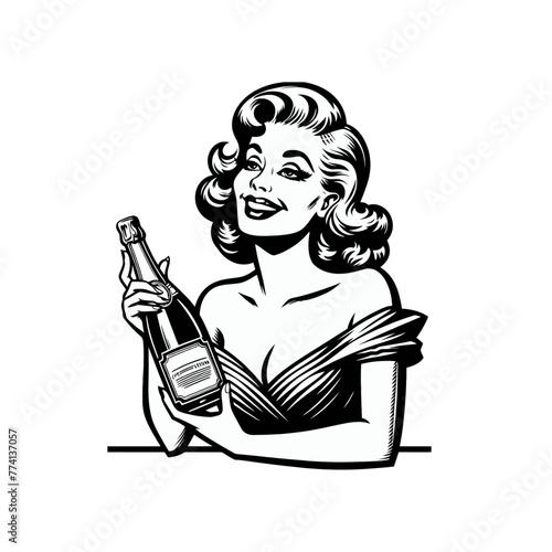 Monochrome isolated vector illustration. Beautiful lady holding champagne bottle and celebrating victory or achievement