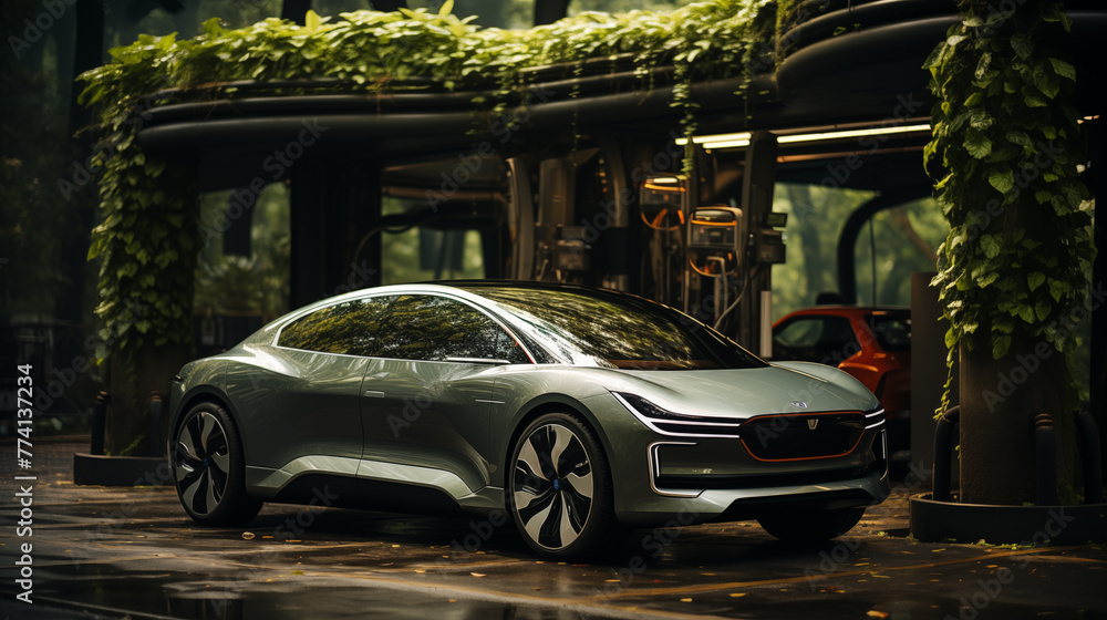 Fototapeta premium Step into the future of transportation with an Electric Car awaiting charge. With its innovative design and eco-conscious performance, the Electric Car leads the way towards a cleaner