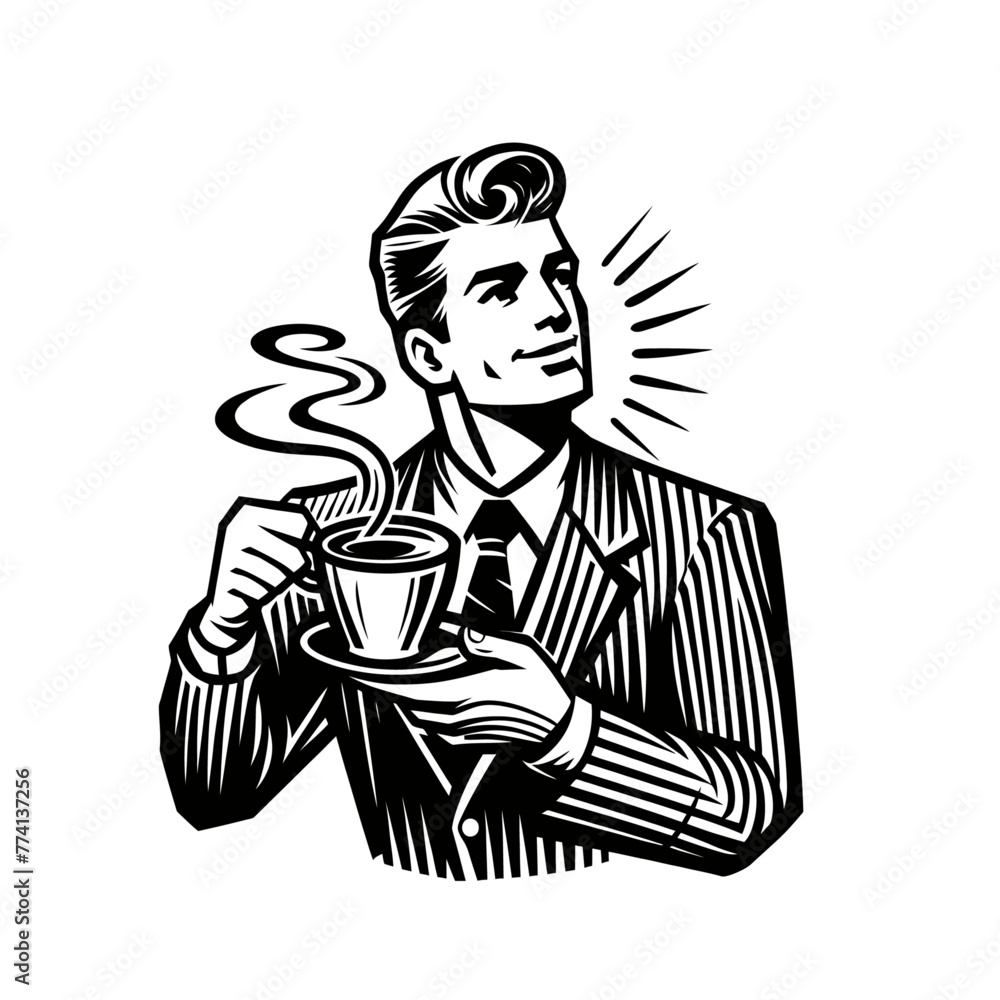 Retro advertisement style. Handsome man drinking a cup of coffee. Vintage illustration, retro cartoon illustration. Isolated Retro advertisement style. Handsome man drinking a cup of coffee. Vintage illustration, retro cartoon illustration. Isolated