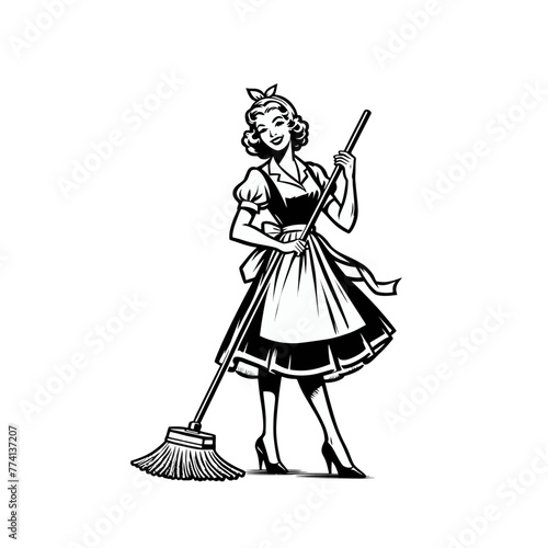 Retro cartoon advertisement cleaning housewife lady doing chores. Vintage illustration