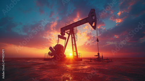 Crude oil pumpjack rig on nature silhouette in evening sunset, energy industrial machine for petroleum gas production background.	