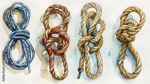 Instructions for tying different types of cowboy knots, Watercolor style photo