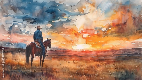 A day in the life of a cowboy, from dawn till dusk, Watercolor style photo