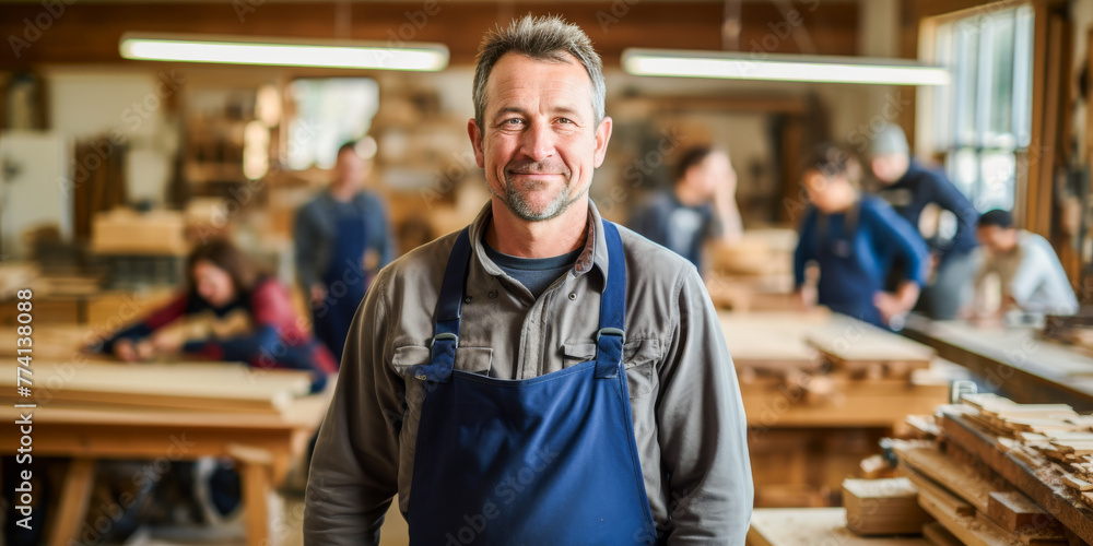 Woodworker in Busy Workshop Woodworker in Busy Workshop