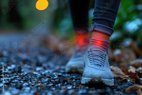Joint inflammation, foot pain, woman suffering from feet ache outdoors, podiatry concept photo