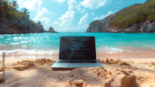 Digital Nomad Paradise: Laptop on Beach with Tropical Ocean Backdrop photo
