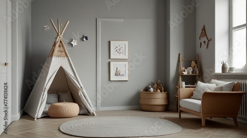 "Whimsical Wonderland: Mockup Wall in a Scandinavian Style Children's Room against a Clean White Background"
