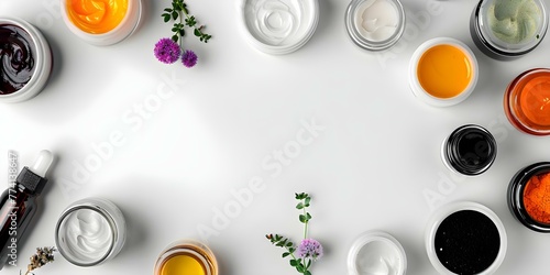 Top view of various skincare products with copy space including creams lotions and oils. Concept Skincare Products, Top View, Copy Space, Creams, Lotions, Oils