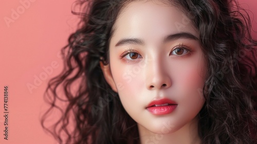 Stylish Asian Beauty: Young Woman with Curly Hair and Korean Makeup