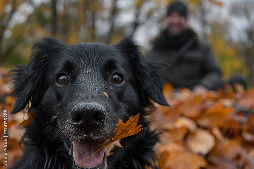 Autumn Joy: Smiling Black Dog with Owner in Blurred Background