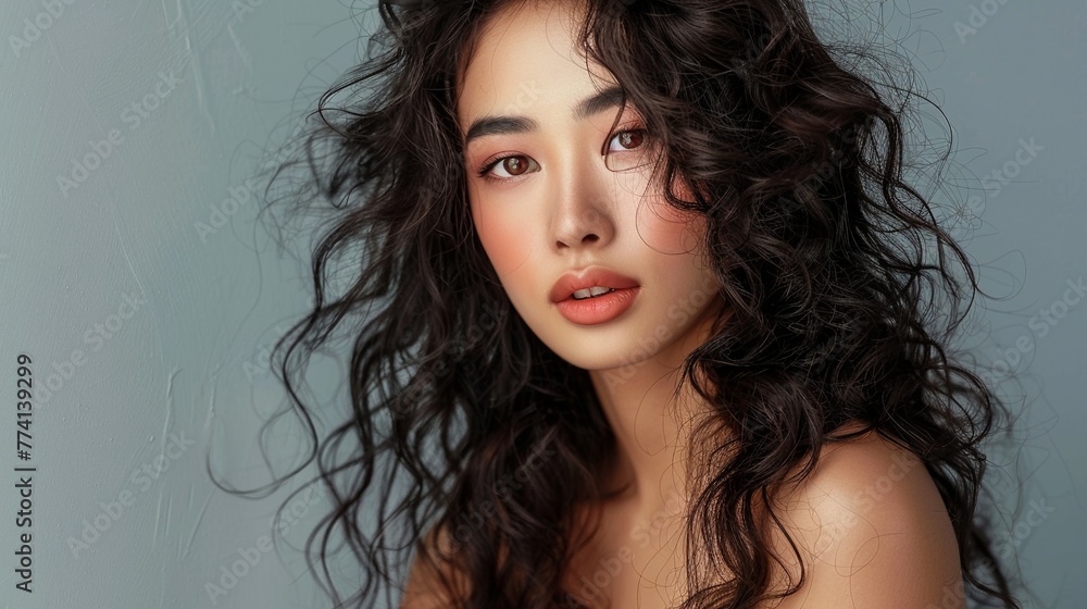 Naklejka premium Stylish Asian Beauty: Young Woman with Curly Hair and Korean Makeup