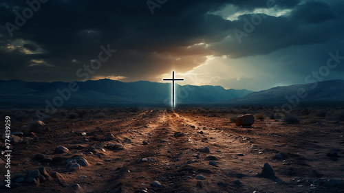 Holy cross, symbol of God, religion, faith, Jesus Christ, desert dunes, sky to the horizon