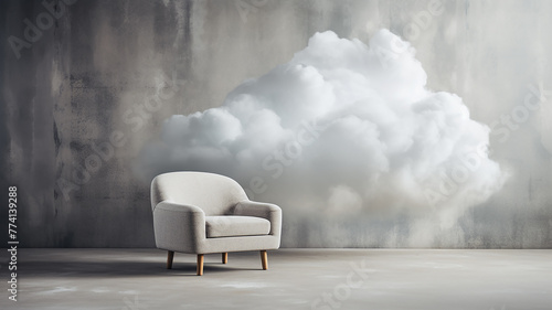 Fluffy white cloud, thick smoke, soft armchair in the interior of the room minimalism photo