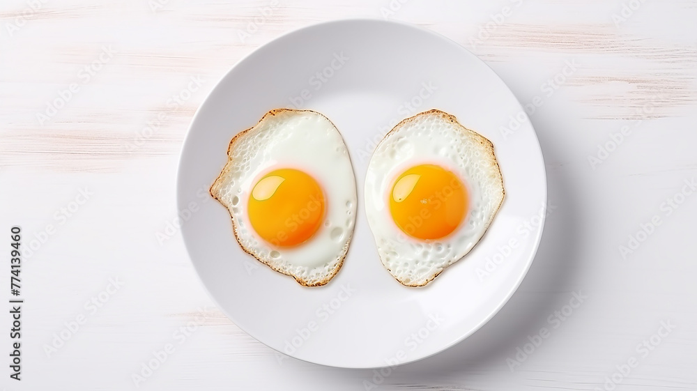 Fried eggs for breakfast on a plate on a white background, protein food for a healthy diet Fried eggs for breakfast on a plate on a white background, protein food for a healthy diet