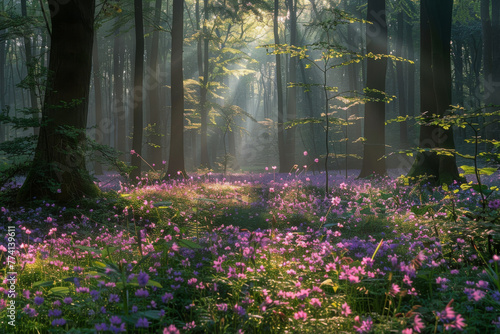 Enchanted Forest Sunrise with Blooming Wildflowers © smth.design