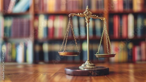 Gavel and scales of justice on wooden table against blurred background with books in library