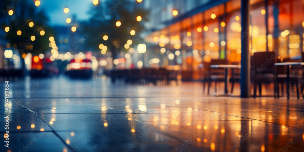 Twilight Cityscape with Glowing Lights and Rainy Pavement