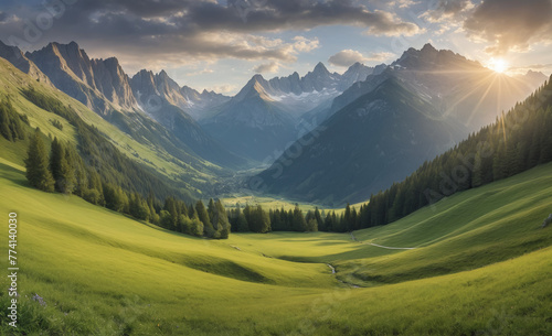 Majestic mountain range, tranquil meadow, panoramic landscape, beauty in nature , detailed