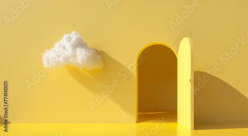 Minimalist background with simple shapes and a single cloud  set against an isolated yellow backdrop