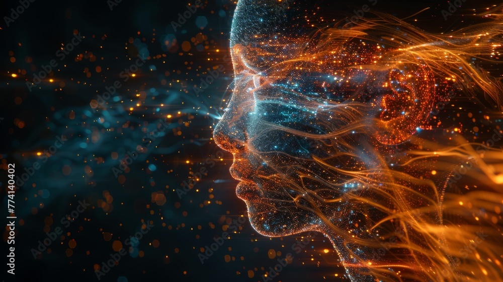 A digital art concept of a human profile outlined with dynamic, swirling cosmic particles against a dark background. A digital art concept of a human profile outlined with dynamic, swirling cosmic particles against a dark background.