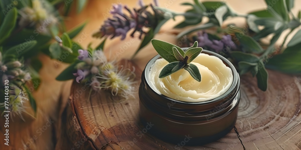 Clary Sage Oil and Licorice Extract in Facial Skincare Cream Jar. Concept Facial Skincare, Clary Sage Oil, Licorice Extract, Cream Jar, Ingredients Clary Sage Oil and Licorice Extract in Facial Skincare Cream Jar. Concept Facial Skincare, Clary Sage Oil, Licorice Extract, Cream Jar, Ingredients