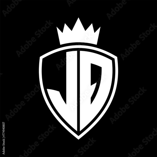 JQ Letter monogram shield and crown outline shape with black and white color design