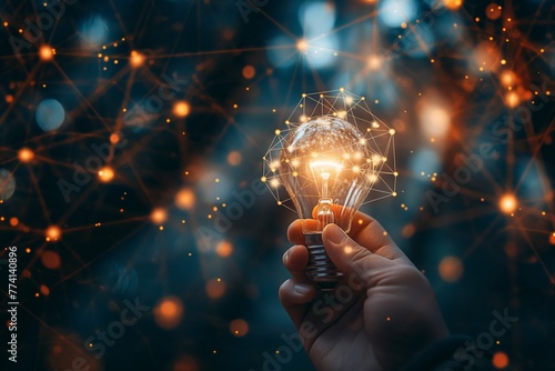 Hand holding an incandescent bulb with glowing connections, symbolic of creativity and inspiration.