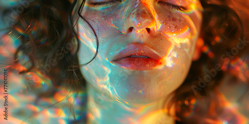 Vivid Holographic Glare on Woman's Face in Close-Up