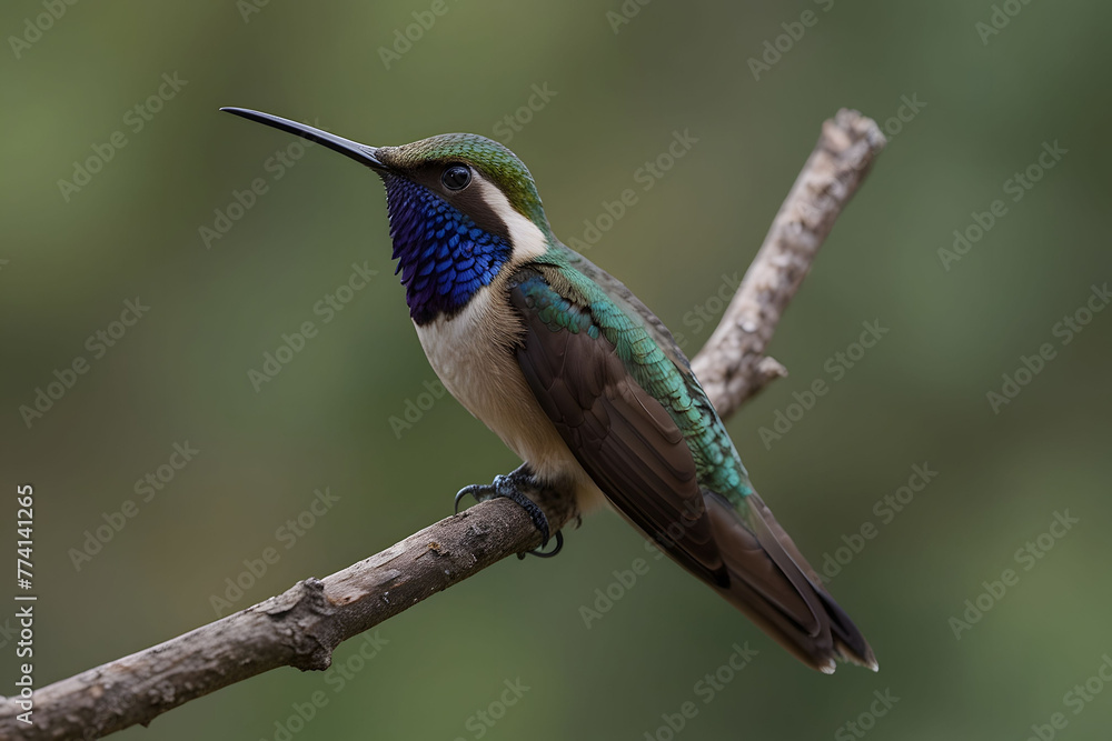 Fototapeta premium Hummingbird perched on a branch with a blurred green background - AI Generated