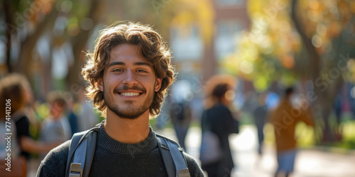 Smiling Young Man with Backpack on Sunny Campus Walkway