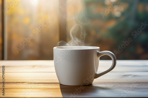 Steaming Hot Coffee Mug on Wooden Table at Sunrise