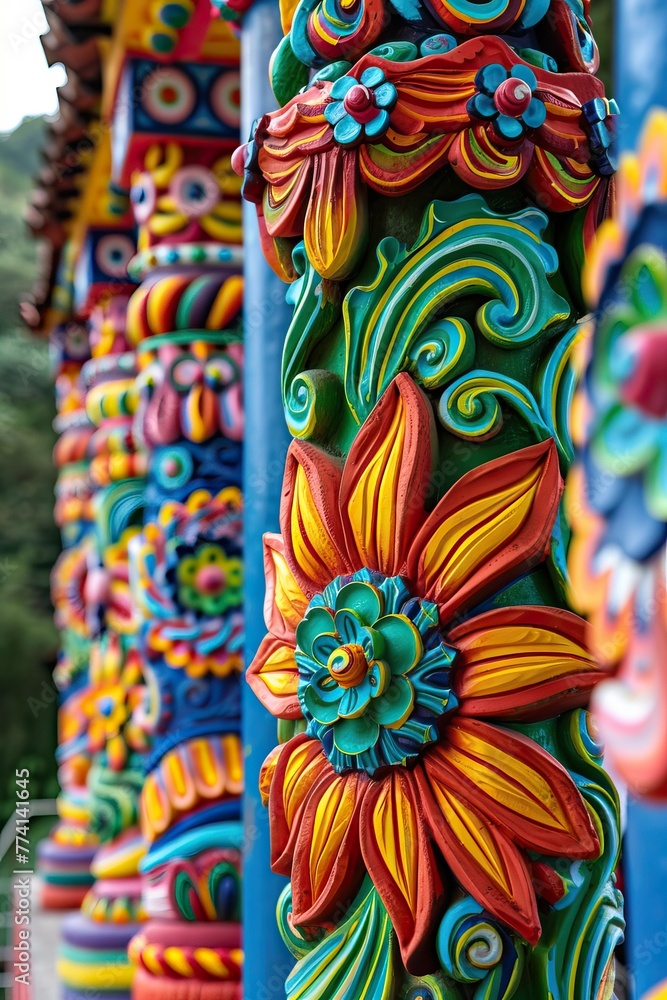 The colorful flowers on the pillars are very eye-catching