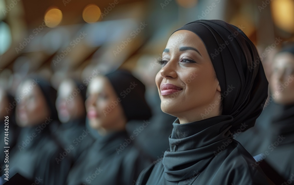A woman wearing a black head scarf is smiling at the camera. Concept of unity and togetherness among the group of women A woman wearing a black head scarf is smiling at the camera. Concept of unity and togetherness among the group of women