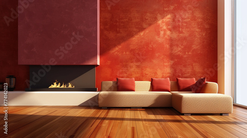 modern living room with red sofa