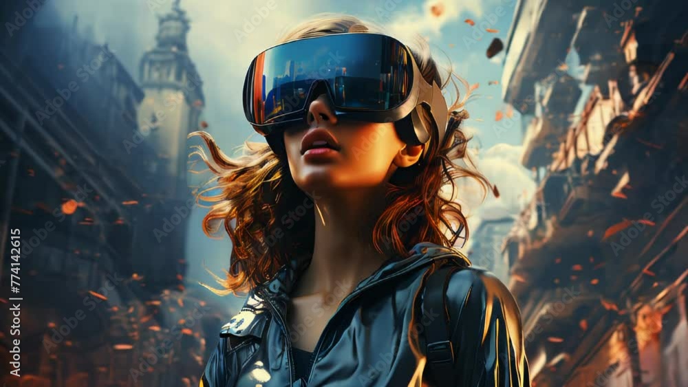 Portrait of a cute little girl in virtual reality glasses. Future technology concept Portrait of a cute little girl in virtual reality glasses. Future technology concept