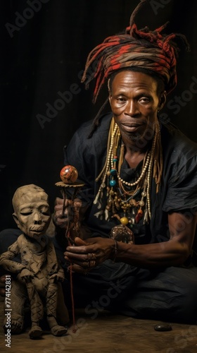 African old Shaman at ritual work with clay doll golem, vertical image.