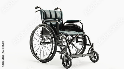 Black manual wheelchair with footrest on a white background, symbolizing accessibility and mobility assistance.