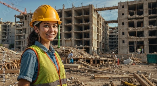 Female construction engineer in hardhat holding a notepad and looking away on construction site, International Worker's day, Labour Day, Health & safety at work