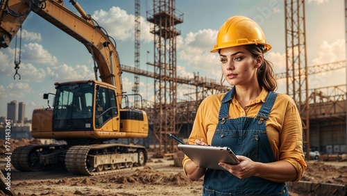 Female construction engineer in hardhat holding a mobile and looking away on construction site, International Worker's day, Labour Day, Health & safety at work