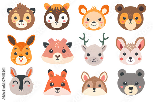 A collection of animal faces  including a bear  a deer  and a rabbit. The faces are all smiling and appear to be cute and friendly. Generative AI