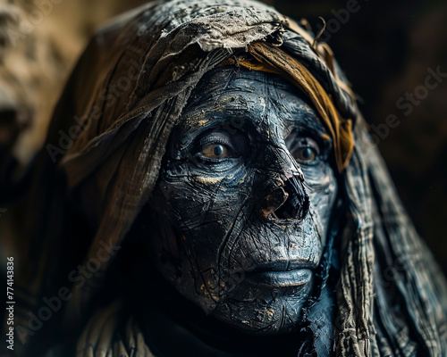 The haunting gaze of a mummified pharaoh pierces the darkness of a longforgotten tomb photo