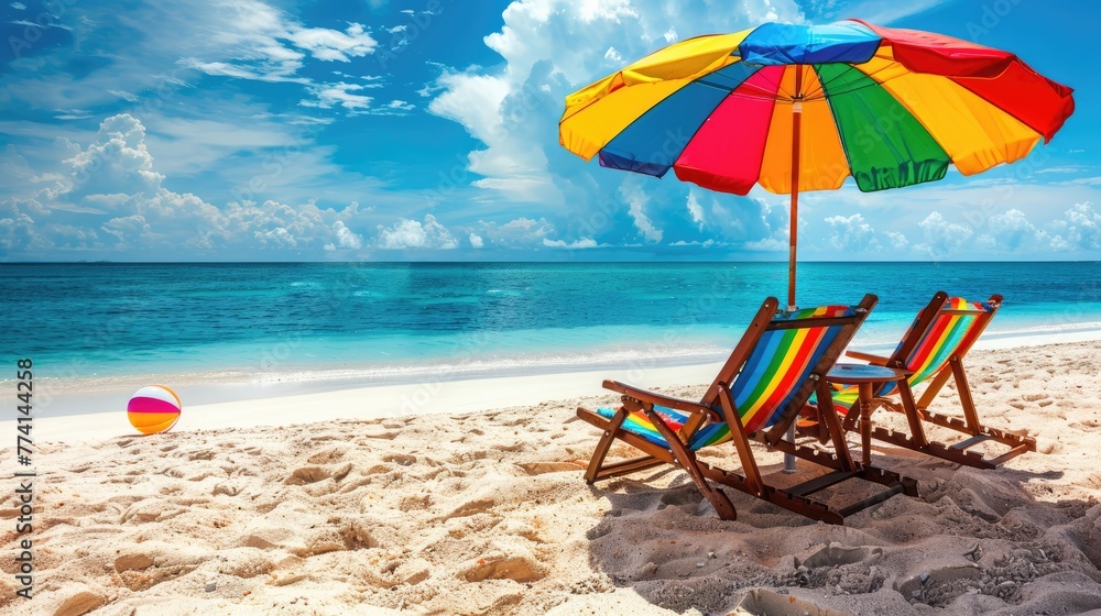 Beach summer on island vacation holiday relax in the sun on their deck chairs under a rainbow umbrella.