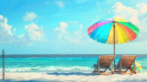Beach summer on island vacation holiday relax in the sun on their deck chairs under a rainbow umbrella.