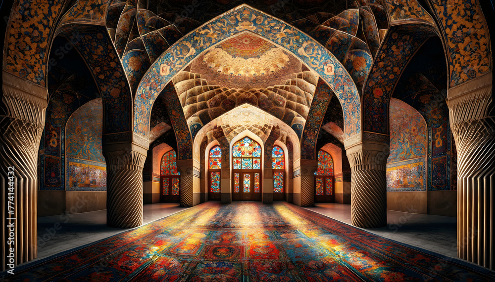 The interior of a grand hall within a Persian palace. The hall is adorned with an elaborate mosaic of vibrant tiles