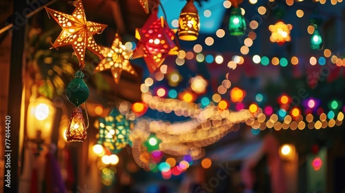 A group of arabic candle lanterns enlighten the festive atmosphere of Eid with an image of colorful decorations, twinkling lights, and vibrant bunting adorning homes and streets.